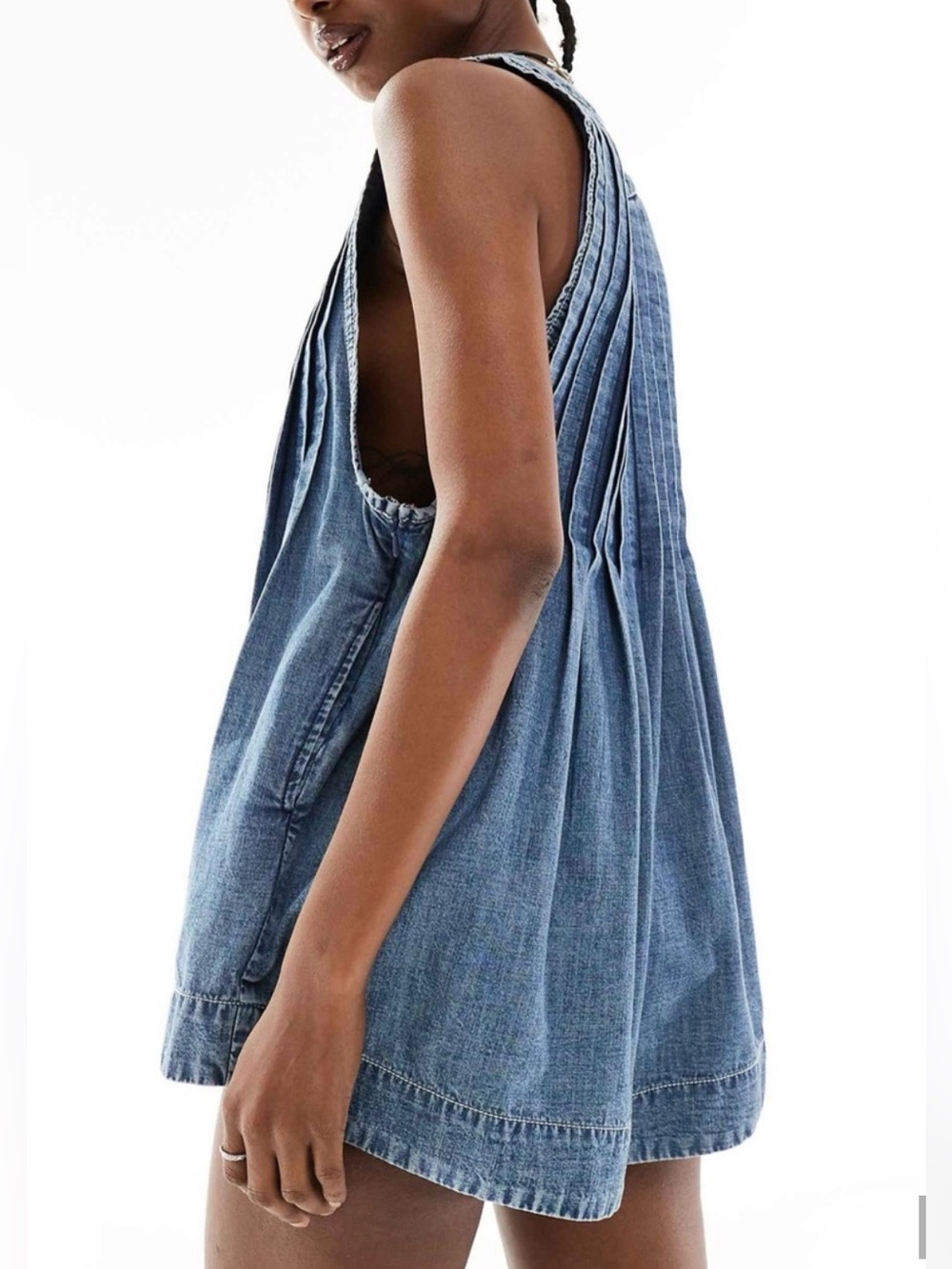 Free People Webster Pleated Romper 100% Cotton Small Medium Blue - Picture 4 of 16